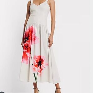 Express Satin Dress with Sweetheart neckline and Red and Fuchsia Floral